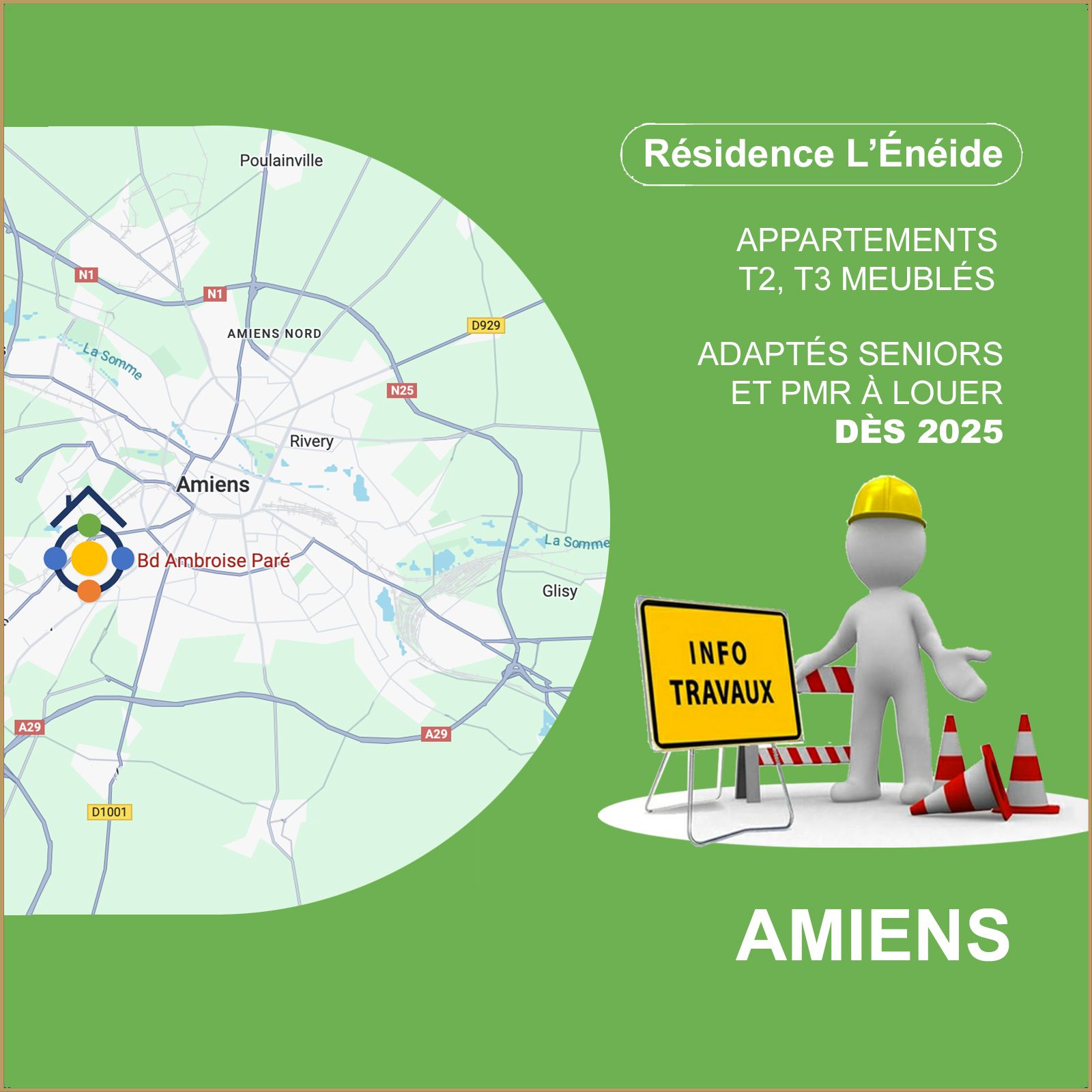 Nouvelle résidence Mobicap "l'Eneide" en 2025 à Amiens ! Des deux et trois pièces à louer spécialement adaptés aux seniors et PMR !